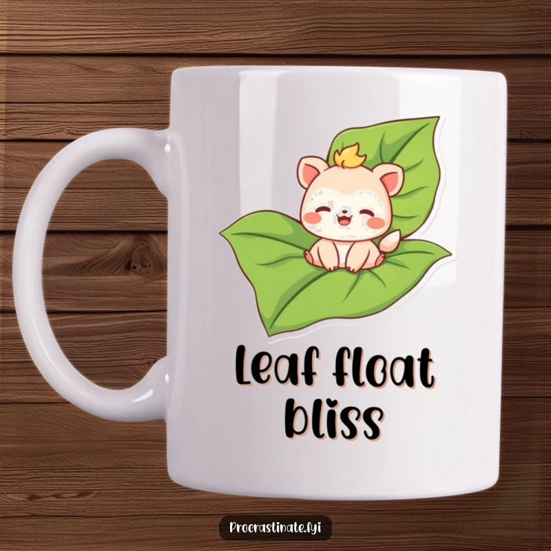 Funny mug depicting a joyful animal character blissfully floating downstream on a large, oversized leaf, embodying pure happiness.