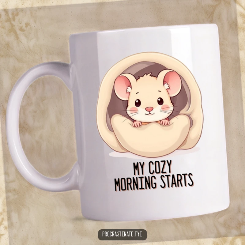 Funny kawaii mouse mug featuring a cute mouse peeking out from under a cozy blanket, radiating warmth and happiness.