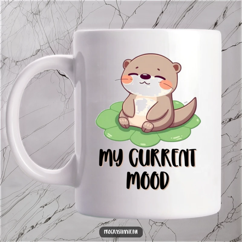 Funny otter mug featuring a cheerful creature floating peacefully on a lily pad, eyes closed in happy bliss.