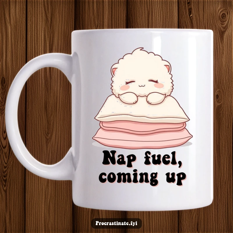 Funny Mug featuring a fluffy creature sleeping peacefully on pillows, with eyes closed and a content smile, embodying ultimate relaxation.
