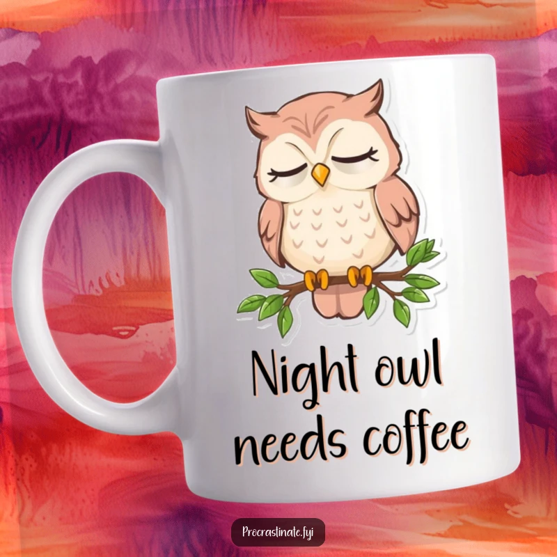 Funny sleepy owl mug showing an owl dozing off while perched precariously on a tiny branch, capturing pure fatigue.