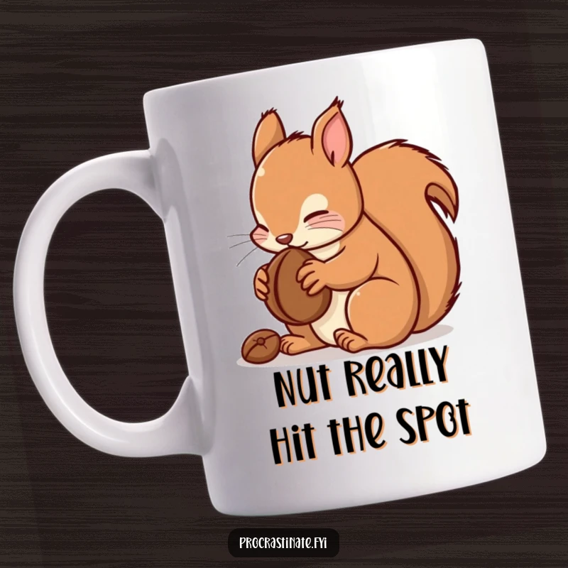 Funny kawaii squirrel mug featuring a cute squirrel slowly munching on a nut, radiating pure joy and relaxation.