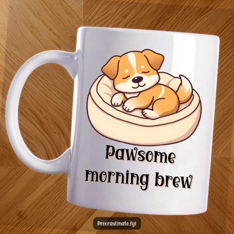 Funny mug with a content dog dozing peacefully in a cozy dog bed, its tail giving a gentle thump of happiness.
