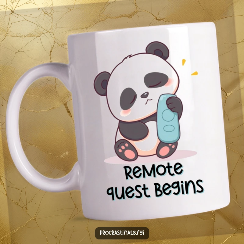 Funny mug with a sleepy panda making a great effort to reach for a remote control, embodying the struggle for lazy entertainment.