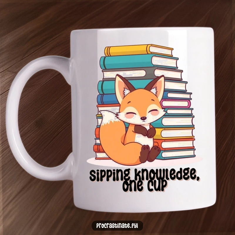 Funny relaxed fox leaning comfortably against a huge pile of books, looking content and scholarly on this charming mug.