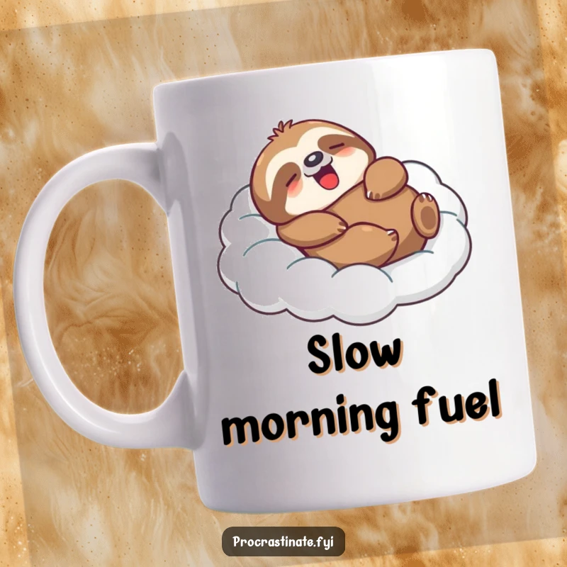 Funny Sloth Mug featuring a relaxed character yawning on a cloud, embodying comfort, humor, and a slow, peaceful vibe.