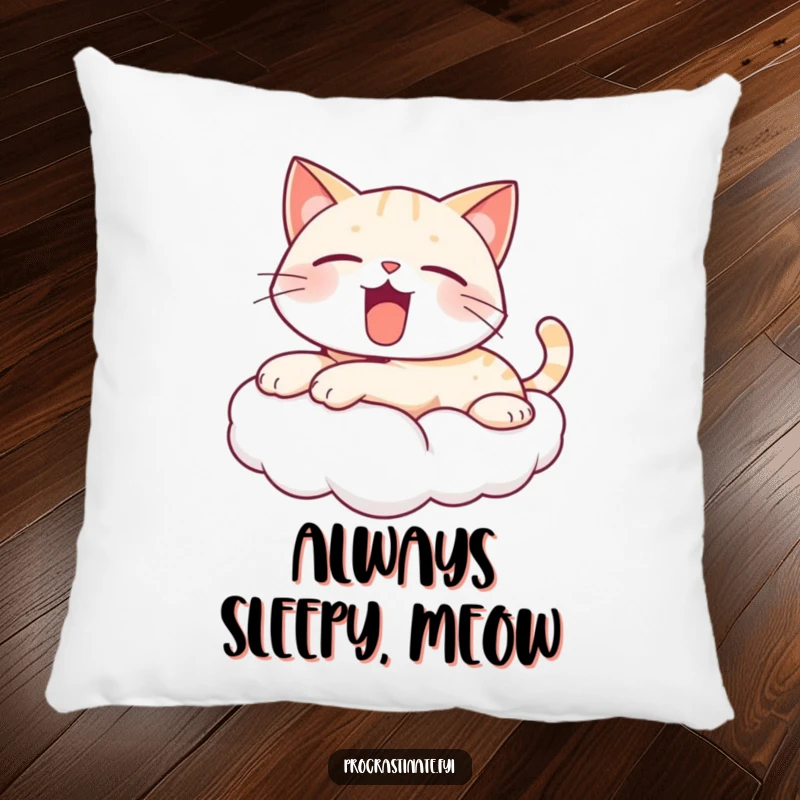 Funny yawning cat pillow with a cute, kawaii cat stretched out on a cloud, offering soft, sleepy cartoon comfort for ultimate relaxation.