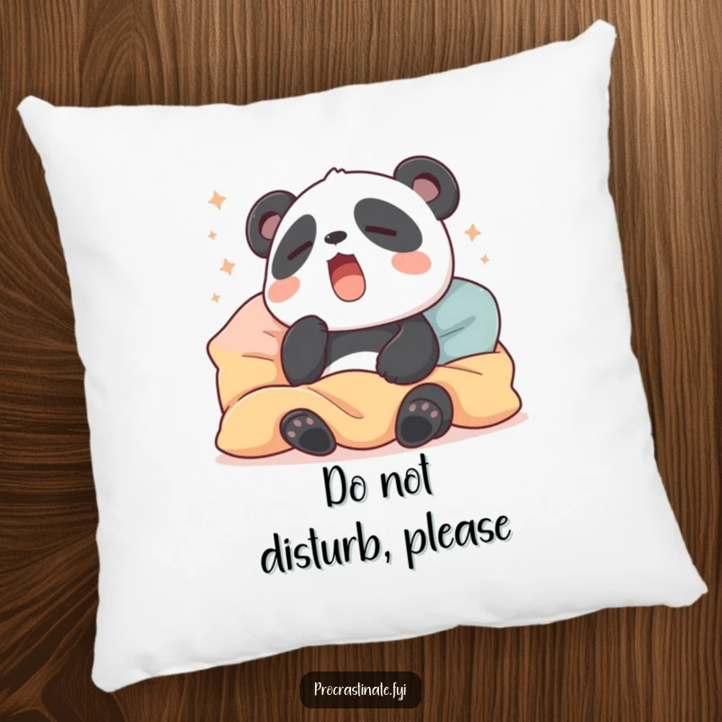 Funny pillow with a sleepy panda yawning widely, surrounded by soft pillows and blankets, designed for maximum coziness and comfort.
