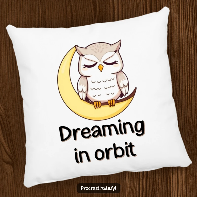 Funny owl pillow with a dazed, sleepy owl perched on a crescent moon, offering humorous comfort and decor.