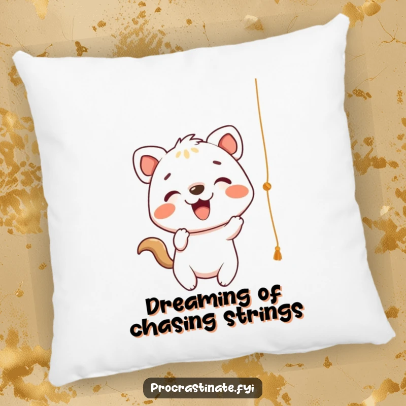 Funny Pillow with a cheerful animal character playfully batting at a dangling string, offering soft, inviting comfort.