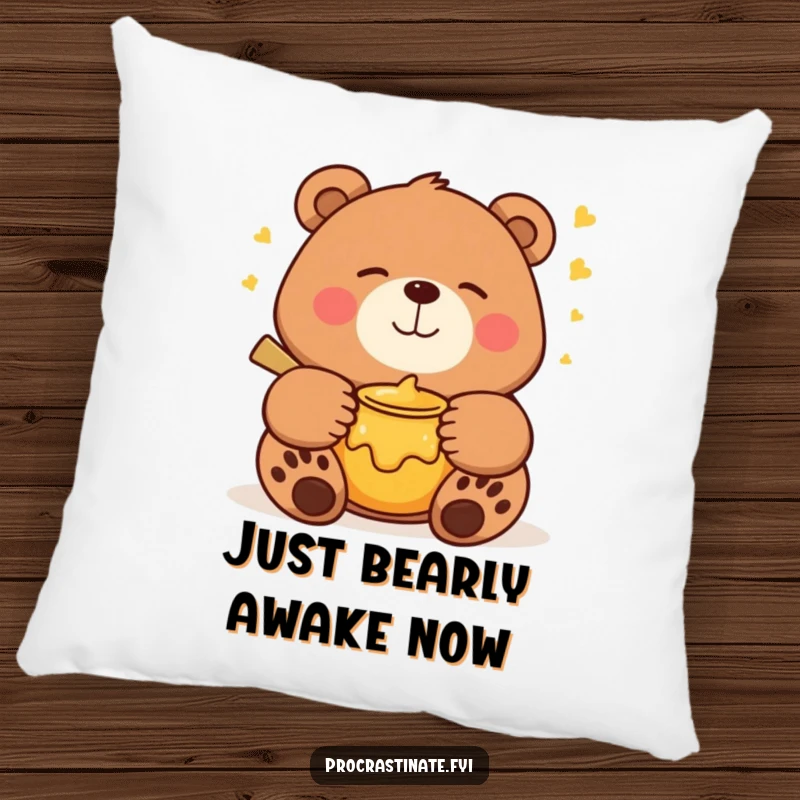 Funny bear pillow with a smiling bear dreaming of a honey pot, offering comfort and a touch of sweet, funny humor.