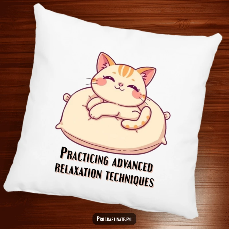 Funny cat pillow featuring a cheerful cat stretching languidly on a giant pillow, ideal for adding cozy humor to any living space.