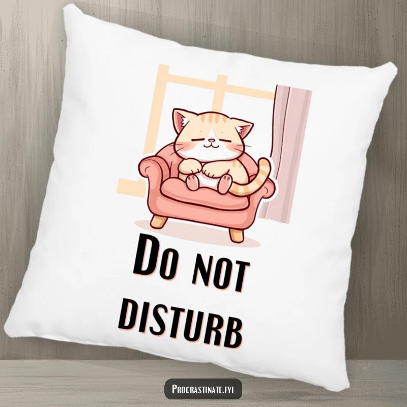 Funny content cat character purring while napping peacefully on a cushioned chair, a soft and funny decorative pillow.