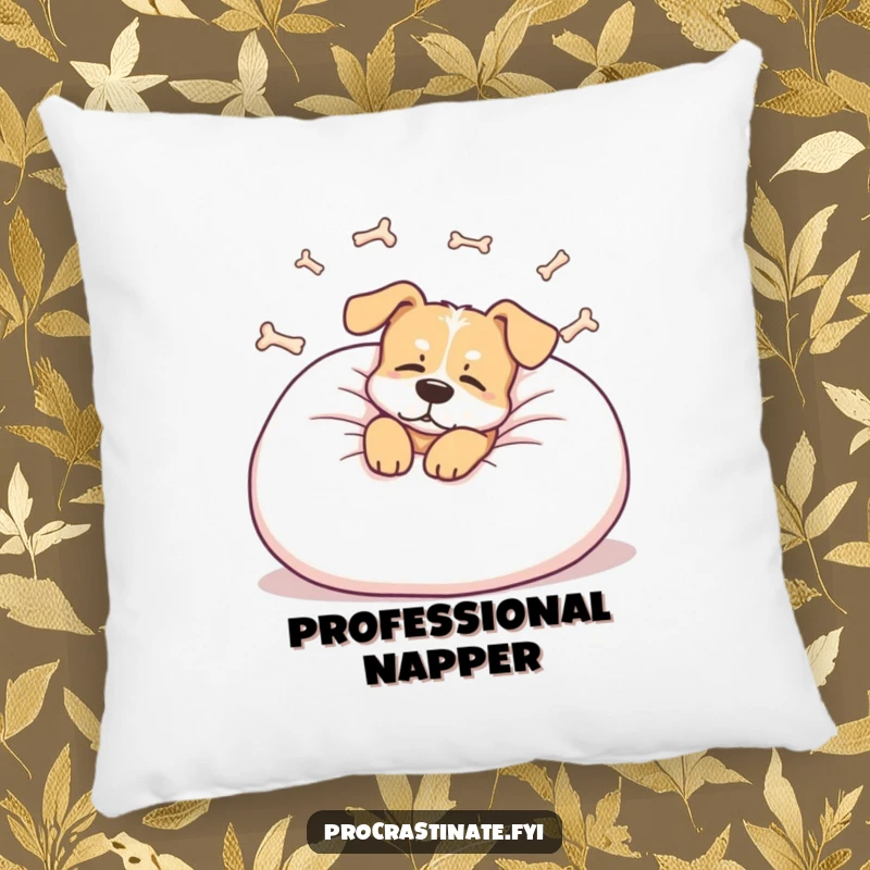 Funny dog pillow with a relaxed dog lounging on a giant pillow, dreaming of bones, a comfortable and humorous decor piece.