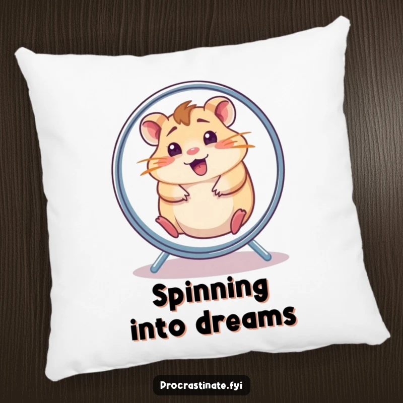 Funny hamster pillow featuring a cheerful, dazed hamster spinning in its wheel, offering comfort and a dose of energetic humor.
