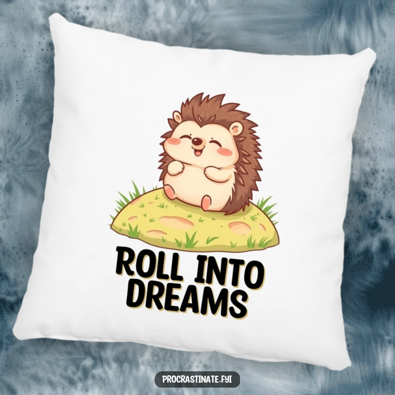 Funny pillow featuring a joyful hedgehog rolling slowly down a grassy hill, designed for ultimate comfort and happiness.