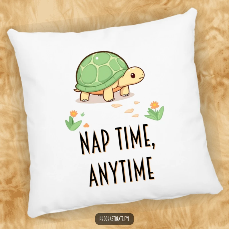 Funny kawaii turtle pillow featuring a cute turtle slowly inching along a path, adding comfort and a message of patience.