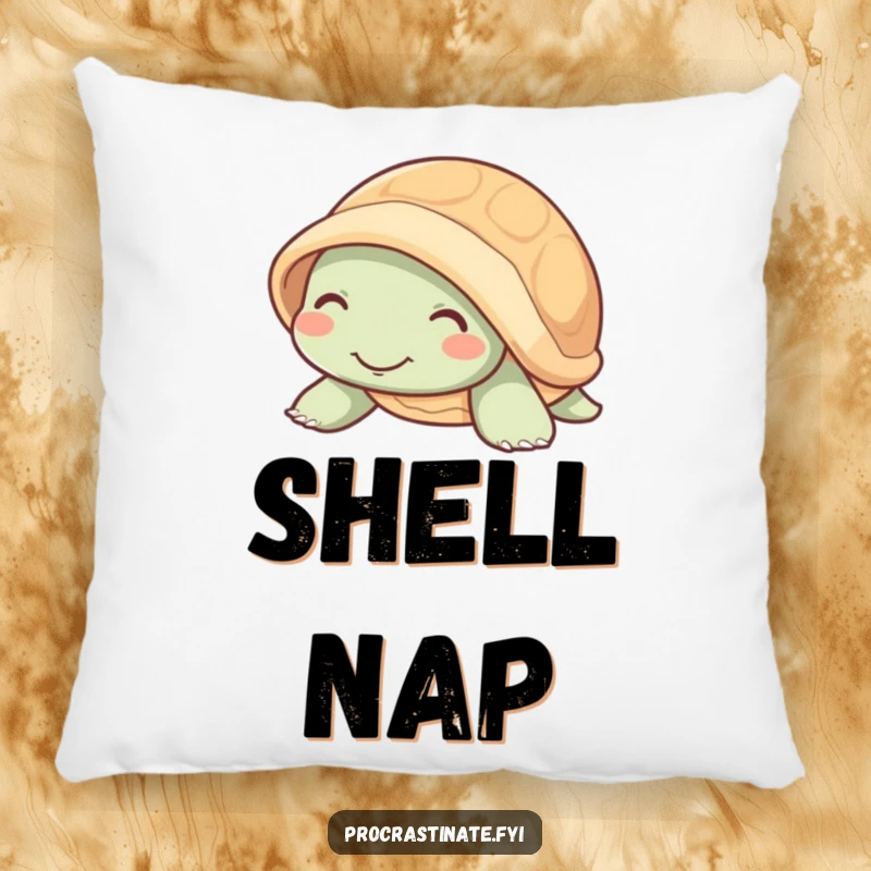 Funny mellow turtle with a contented smile emerging from its shell, embodying serene comfort in pillow form.