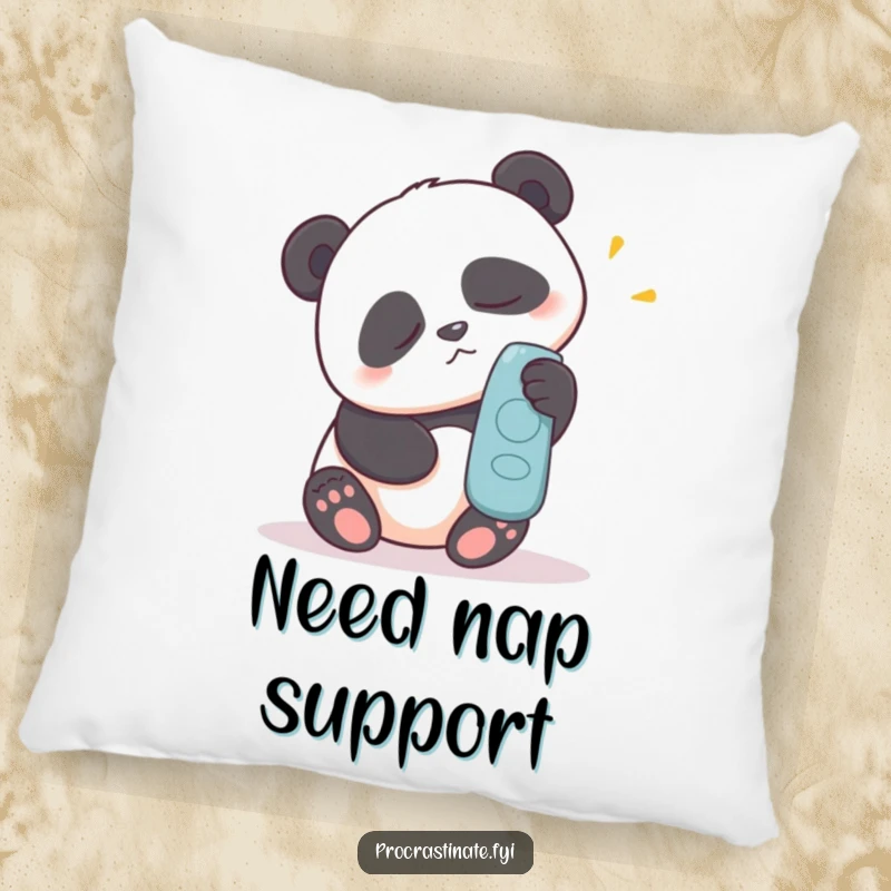 Funny pillow featuring a sleepy panda making a great effort to reach for a remote control, ideal for cozy viewing.