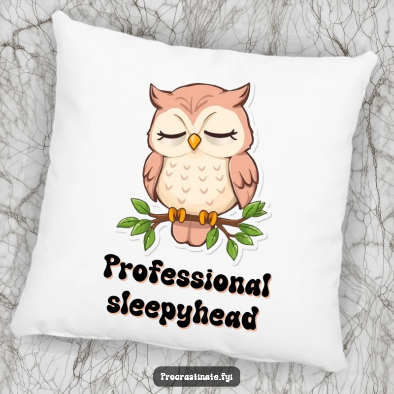 Funny sleepy owl pillow featuring an owl dozing on a tiny branch, offering soft comfort and a touch of sleepy humor.