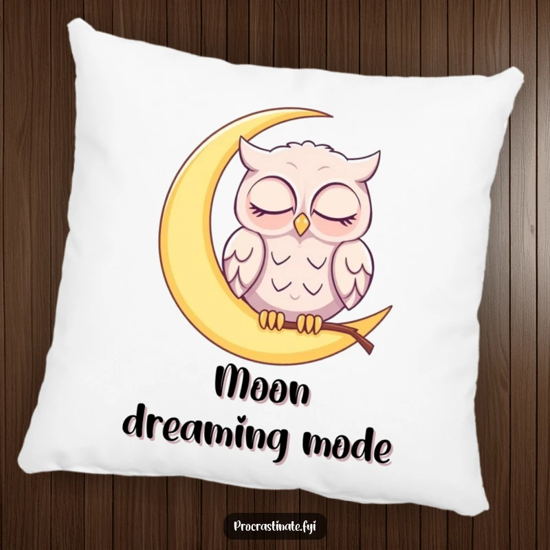 Funny sleepy owl perched on a glowing crescent moon, gently nodding off with half-closed eyes on this soft decorative pillow.