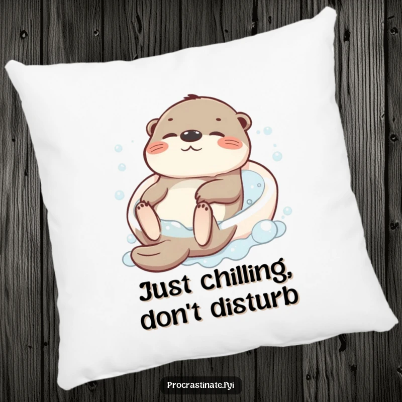 Funny pillow with a happy otter character lounging on its back in a frothy, bubbly bath, a picture of pure contentment.