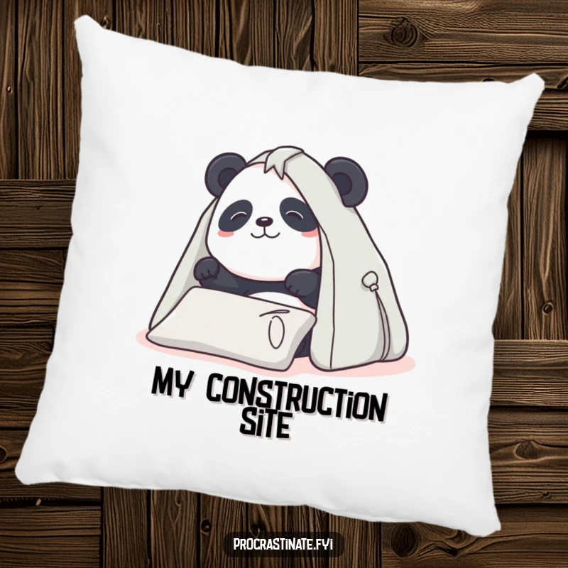 Funny Panda Pillow: Determined panda building a pillow fort, soft and huggable, cozy comfort, perfect funny gift.