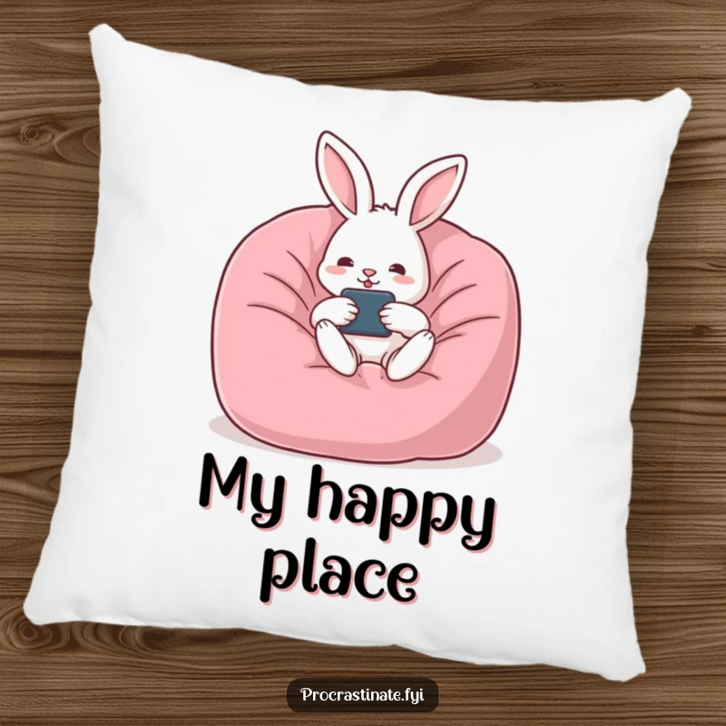 Funny rabbit pillow featuring a relaxed rabbit lounging in a beanbag chair, remote in hand, perfect for adding comfort and humor.