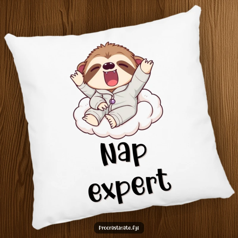 Funny throw pillow with a lazy sloth in pajamas yawning widely on a comfy cloud, offering ultimate comfort and a dose of sloth humor.
