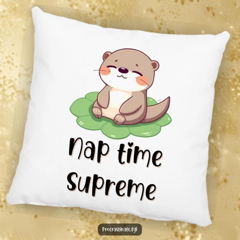 Funny otter pillow design of a cheerful creature blissfully floating on a lily pad, eyes closed, perfect for soft comfort.
