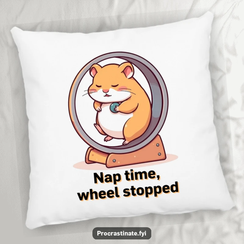 Funny pillow depicting a very tired hamster slowly spinning on a massive wheel, offering comfort and humorous relatability.