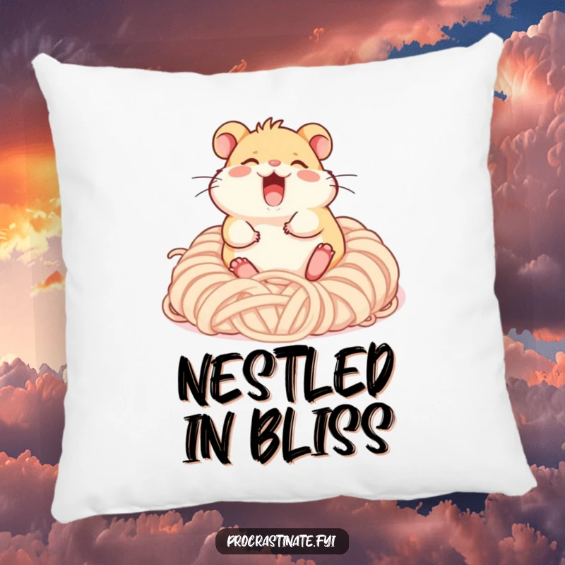 Funny giggling hamster character rolling happily in a pile of soft yarn, a soft and funny decorative pillow.