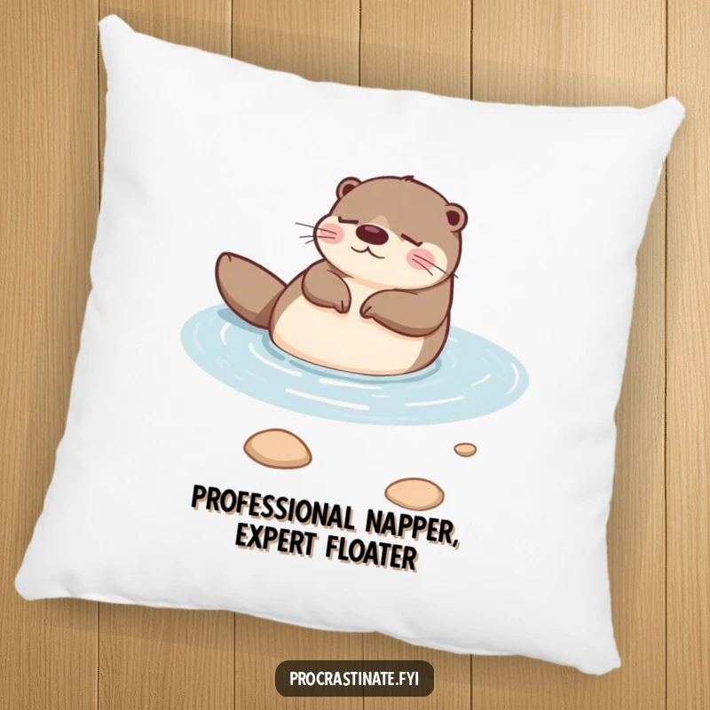 Funny otter floating peacefully on its back in a calm stream, looking utterly relaxed and happy on this soft decorative pillow.