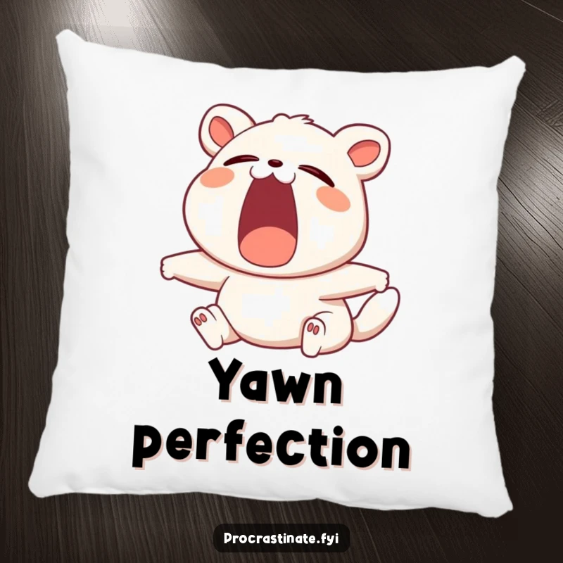 Funny pillow featuring a contented animal character yawning widely while stretching, ideal for cozying up.