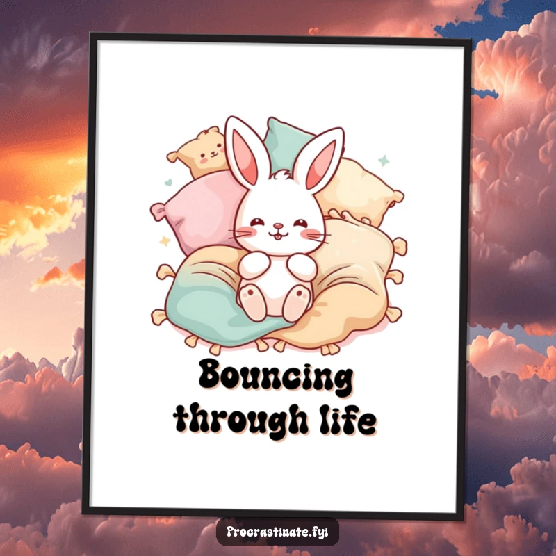 Funny bunny pillow digital art print of a playful bunny character surrounded by bouncing blankets and pillows. Instant playful decor.