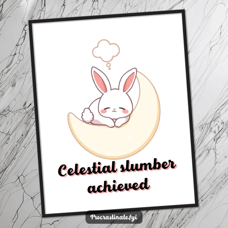 Funny bunny digital art print of a smiling bunny sleeping on a soft moon, with a dream bubble, bringing instant dreamy humor and magic.