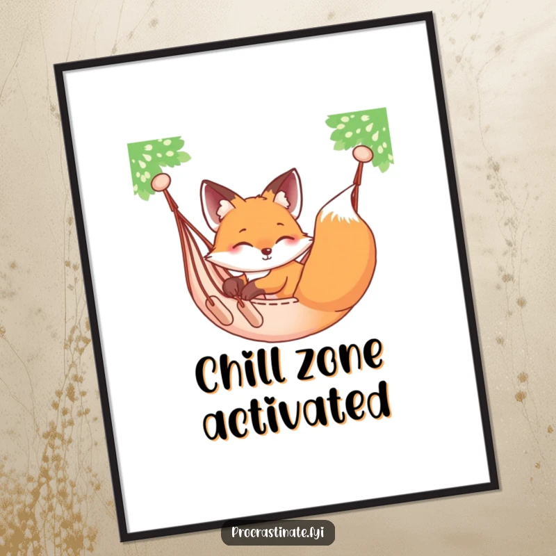 Funny relaxed fox sprawled on a hammock, gently swaying, a charming digital art file for instant, humorous decor.