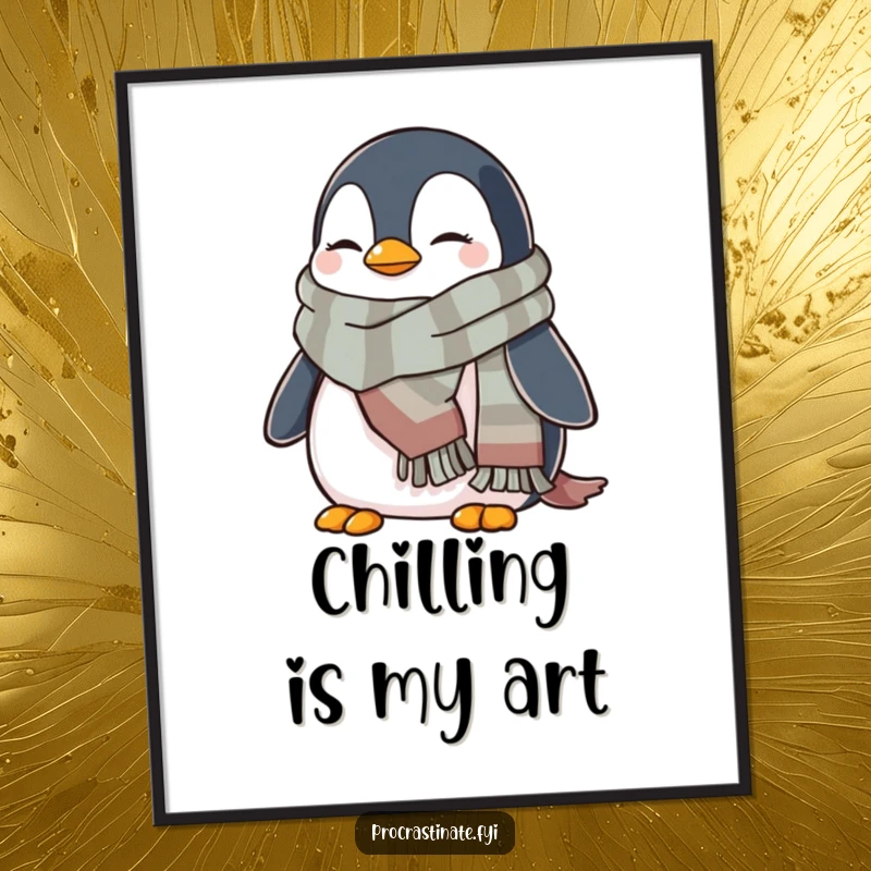 Funny penguin digital art print of a cozy penguin wrapped in a scarf, bringing winter cheer and humor to any room.