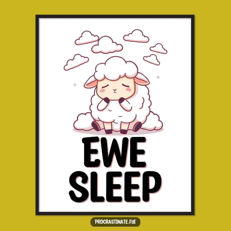 Funny Dozing Sheep Cloud Counting Digital Art, Sleepy Dreamer Wall Decor Gift
