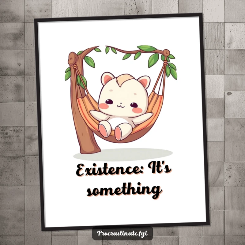 Funny digital art print of a creature with a blank expression lounging in a hammock, representing ultimate relaxation and humor.