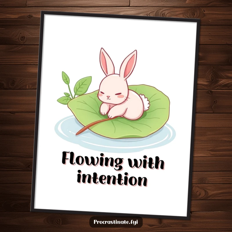 Funny rabbit digital art print of a languid rabbit floating on a giant leaf in a calm pool, serene and humorous decor.
