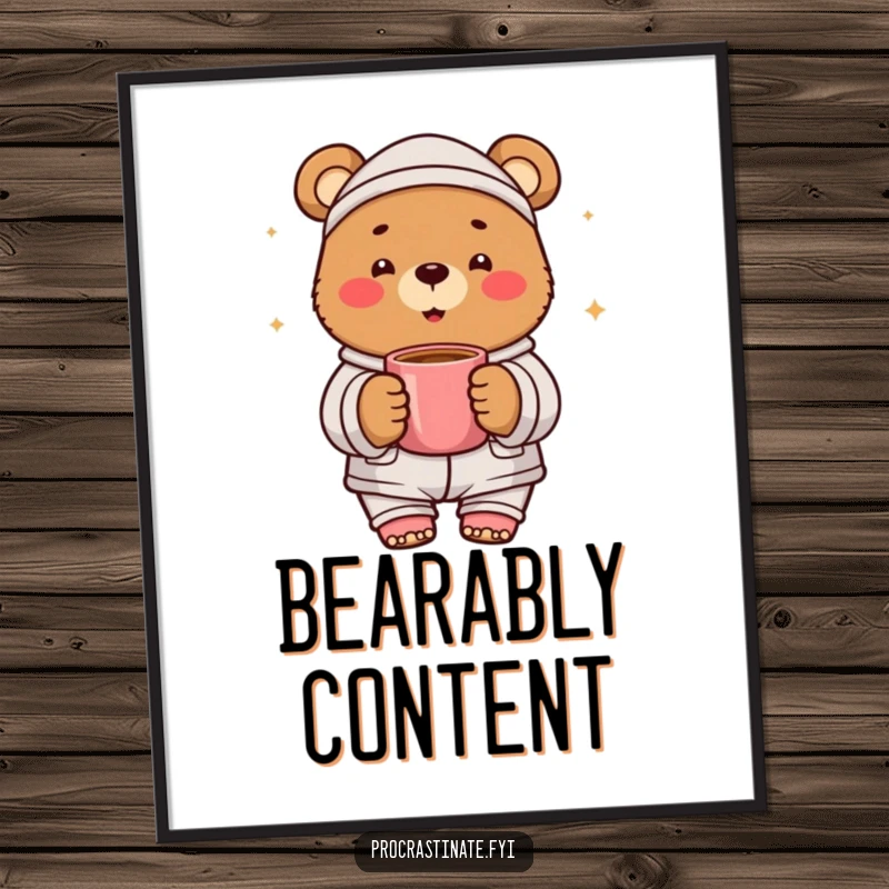 Funny bear pajama digital art print of a cheerful bear in pajamas holding a warm mug. Instant cozy decor.