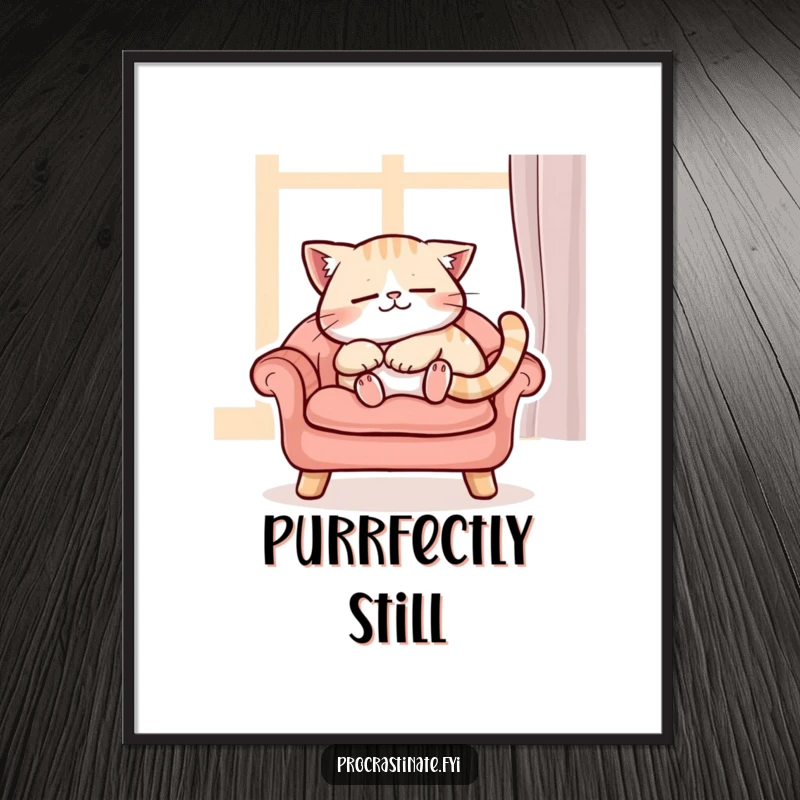 Funny content cat character purring while napping peacefully on a cushioned chair, serene digital art for immediate download.