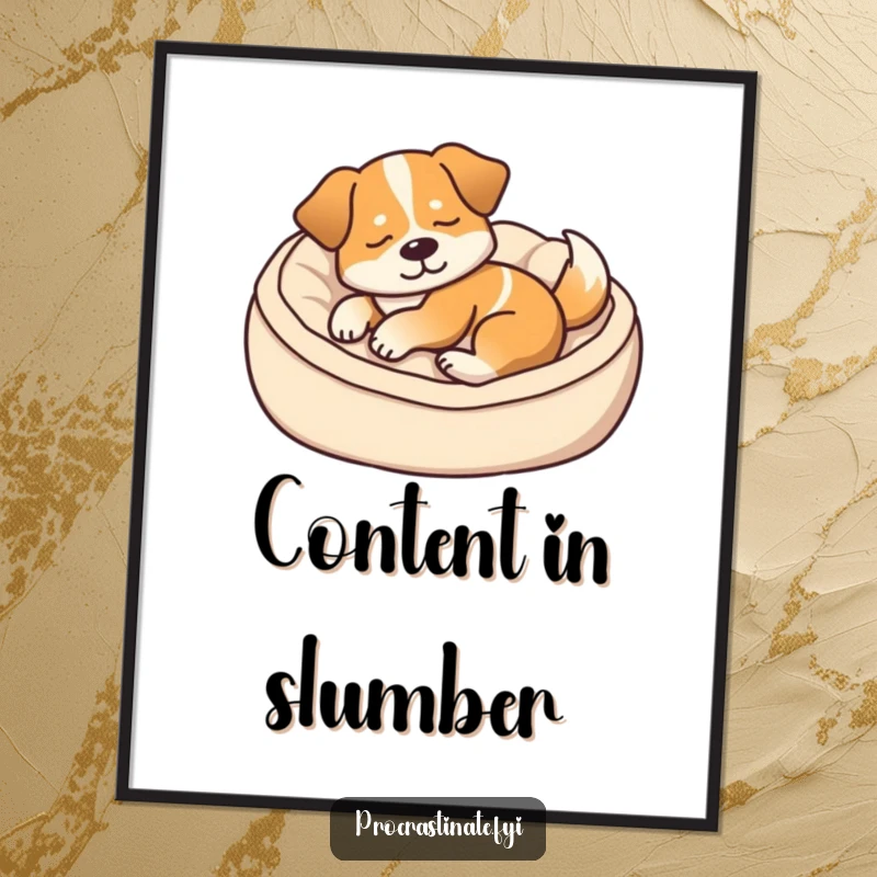 Funny digital art print of a content dog dozing in a cozy dog bed, its tail thumping softly, offering instant cozy wall decor.