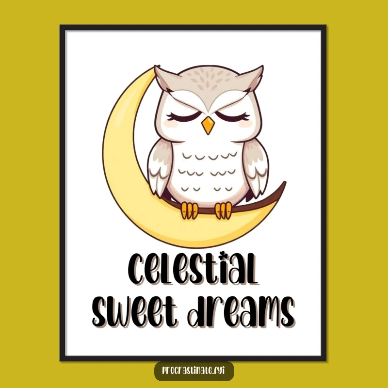 Funny Dazed Owl Moon Digital Print: Sleepy Character Art for Humorous Wall Decor