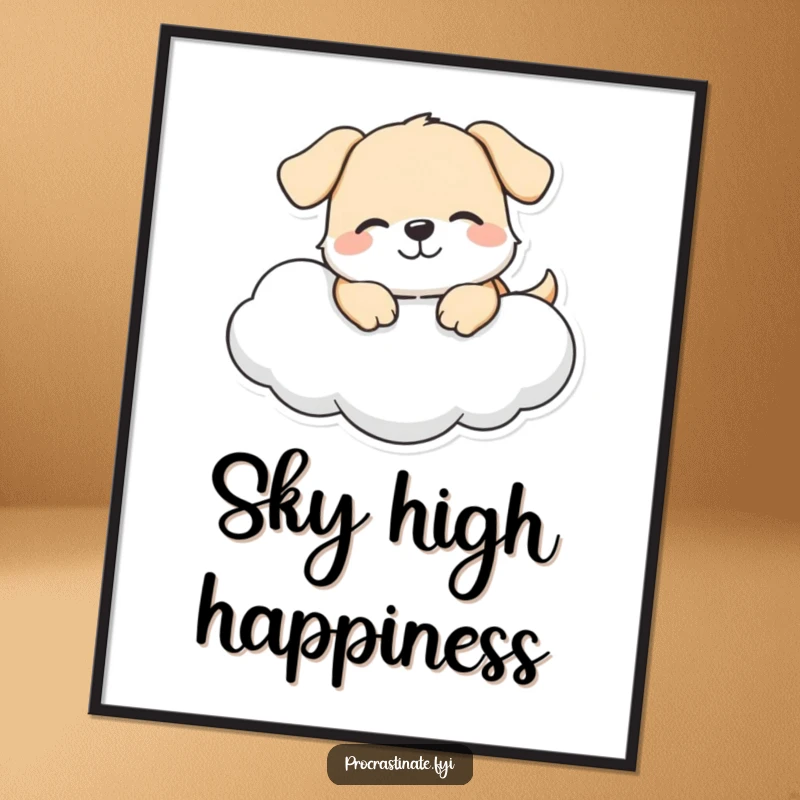 Funny dog cloud digital art print of a happy dog character lounging on a cloud, ideal for cheerful digital decoration.