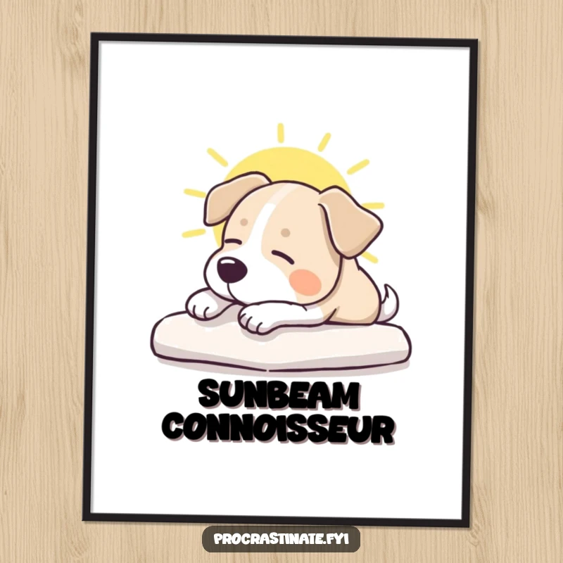 Funny dog digital art print of a placid dog stretching in a sunbeam, bringing serene humor and artistic flair to any room.