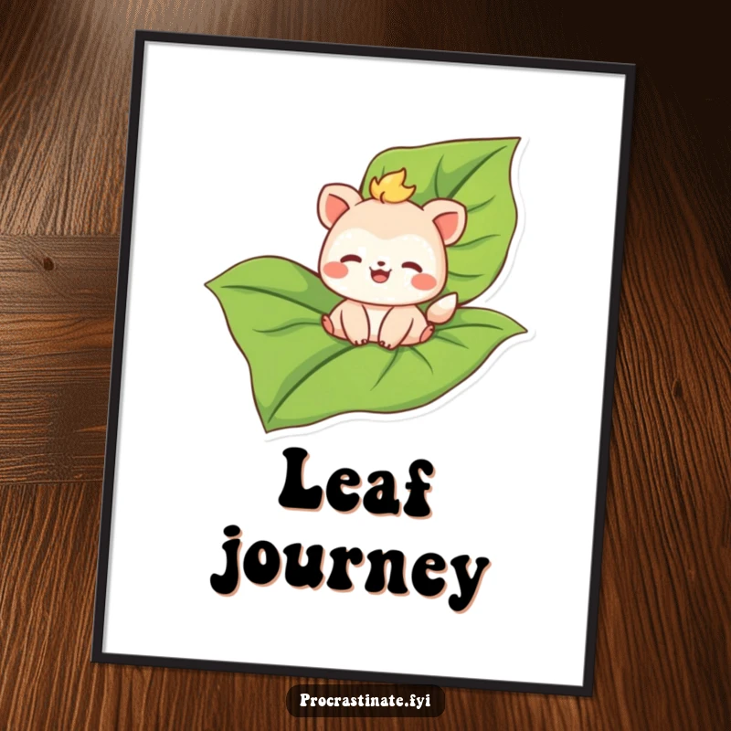 Funny digital art print of a joyful animal character happily floating on a large, oversized leaf, evoking a sense of peace.
