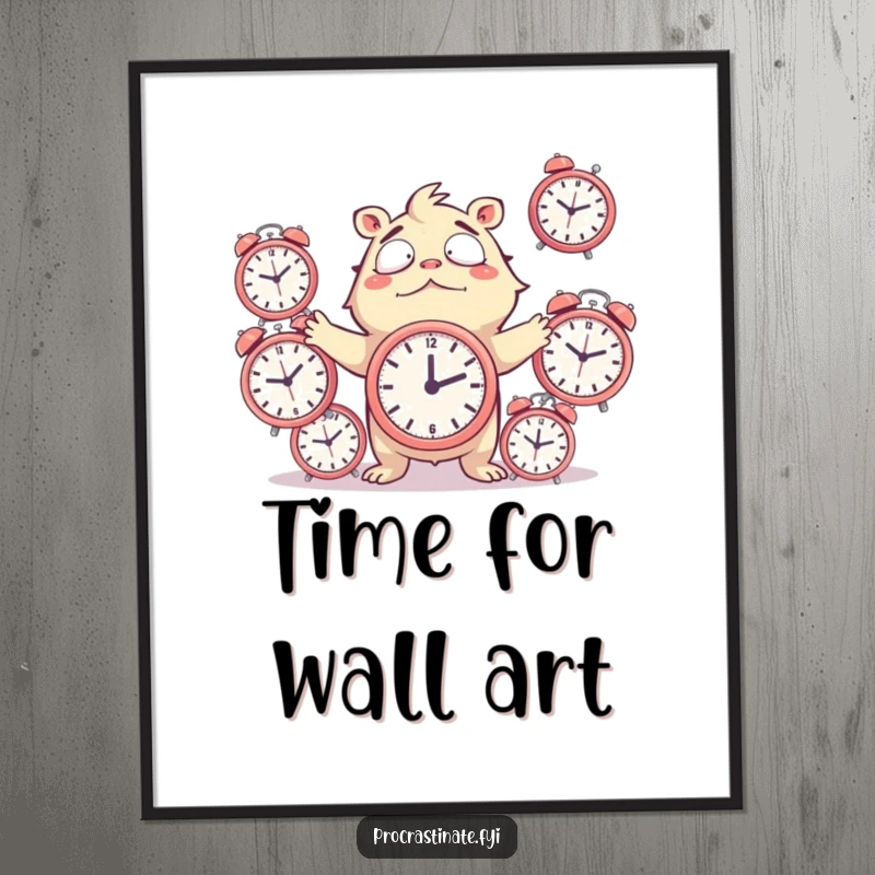 Funny Digital Art Print of a creature comically juggling alarm clocks, looking overwhelmed yet amused, adding chaotic humor.