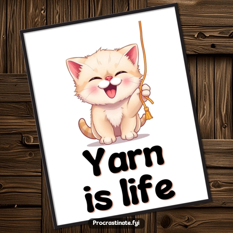 Funny giggling kitten playfully batting at a dangling string of yarn, a charming digital art file for instant, humorous decor.